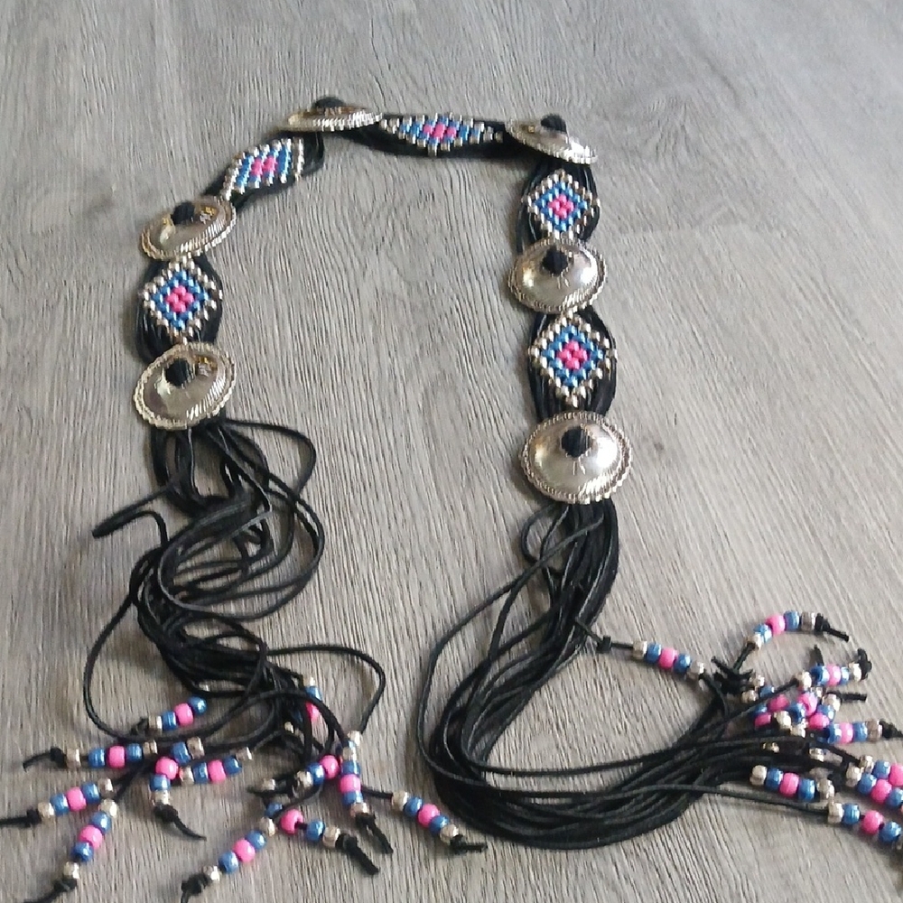 Vintage Bohemian Beaded Belt with Silver Concho Accents 67" long